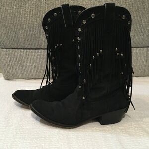 Durango‎ Black Suede Fringe Studded Cowboy Boots Women Size 8.5M